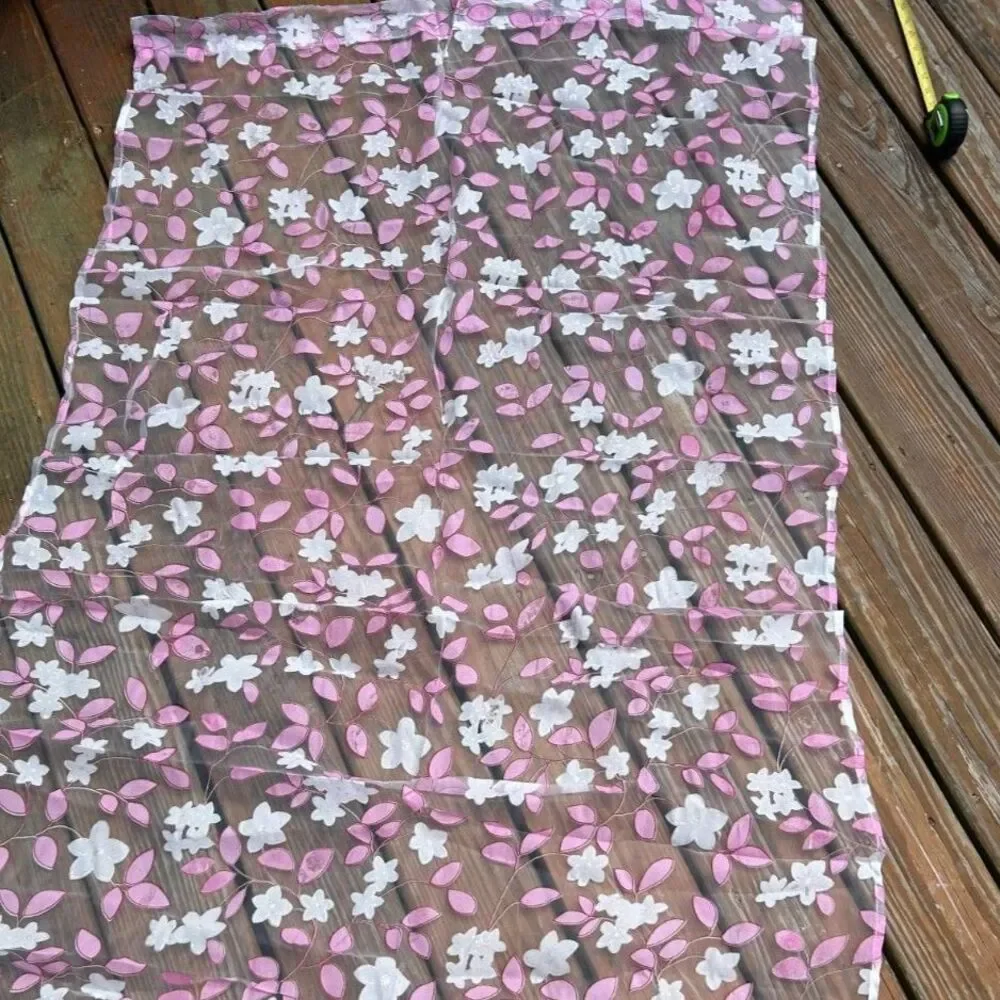 Pink & White Floral Sheer Curtain Panels w/ Silver Shimmer – Set of 4  35” x 76”